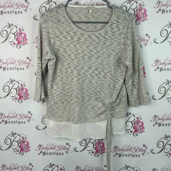 Laura long sleeve cinch tie up Elegant Gray and White Women's Blouse - Picture 1 of 6